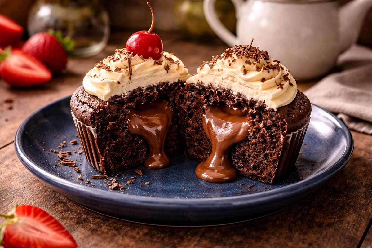 Close-up de um cupcake de chocolate cortado ao meio revelando um recheio de brigadeiro gourmet cremoso em ponto de fita escorrendo levemente. O doce está em um prato de cerâmica azul marinho contrastando com o marrom profundo da massa acetinada. A mesa é de madeira rústica de fazenda, composta com um bule de louça antiga, fatias de morango fresco e um guardanapo de linho bege.