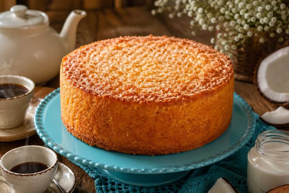 Foto em estilo Tall Cake de um Bolo de Fubá com Coco redondo com 20 cm de diâmetro e 10 cm de altura, centralizado em uma bailarina de confeitaria azul turquesa. O bolo apresenta uma crosta dourada polvilhada com coco ralado fino. Ao redor, na mesa de madeira rústica de fazenda, há um bule de águata de cerâmica branca, xícaras de café fumegante, pedaços de coco fresco com polpa branca e um vidro de leite de coco Sococo aberto. O contraste entre o amarelo do bolo e o azul da bailarina ativa o apetite.