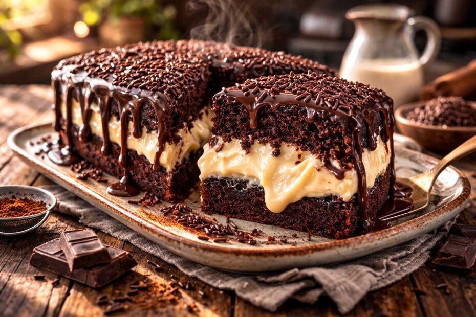 Fatia de Bolo Bomba de chocolate sendo destacada, revelando o recheio de creme branco generoso no interior da massa escura, coberto com ganache brilhante e granulado.