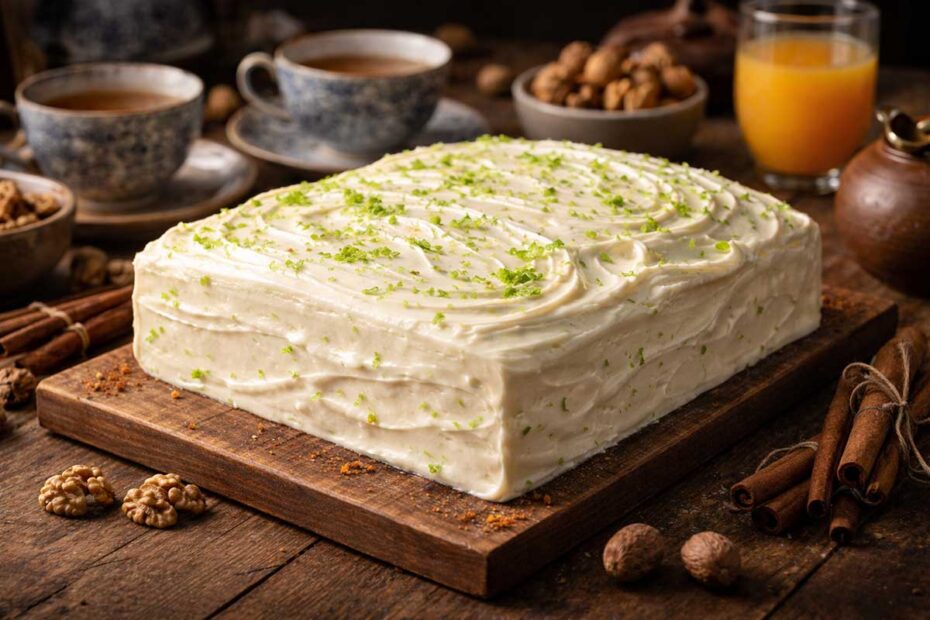 Bolo de cenoura com especiarias e açucar mascavo retangular em mesa rustica de fazenda com medidas de 30 cm de comprimento por 20 cm de largura e 5 cm de altura. O bolo inteiro exibe uma camada espessa e aveludada de cobertura de cream cheese e limao com raspas verdes vibrantes. Ao redor estao xicaras de cha de porcelana azul, um bule de barro fumegante, nozes douradas descascadas, ramos de canela, noz-moscada inteira e uma taça com suco de laranja natural. O contraste cromatico entre a cobertura branca e a mesa de madeira escura ativa o apetite. Rendimento de 20 a 24 fatias padrao.