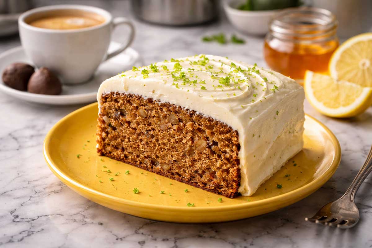 Fatia generosa de bolo de cenoura com cobertura de limao servida em prato de sobremesa amarelo vibrante em cozinha profissional moderna. A fatia revela o miolo escuro e acetinado pelo açucar mascavo com pedaços de nozes crocantes. A mesa de marmore branco exibe uma xicara de cafe expresso com espuma densa, pequenos bombons de chocolate amargo, fatias de limao siciliano fresco e uma pequena taça com mel silvestre. A iluminacao lateral destaca a cremosidade do cream cheese escorrendo suavemente pela massa fofinha.