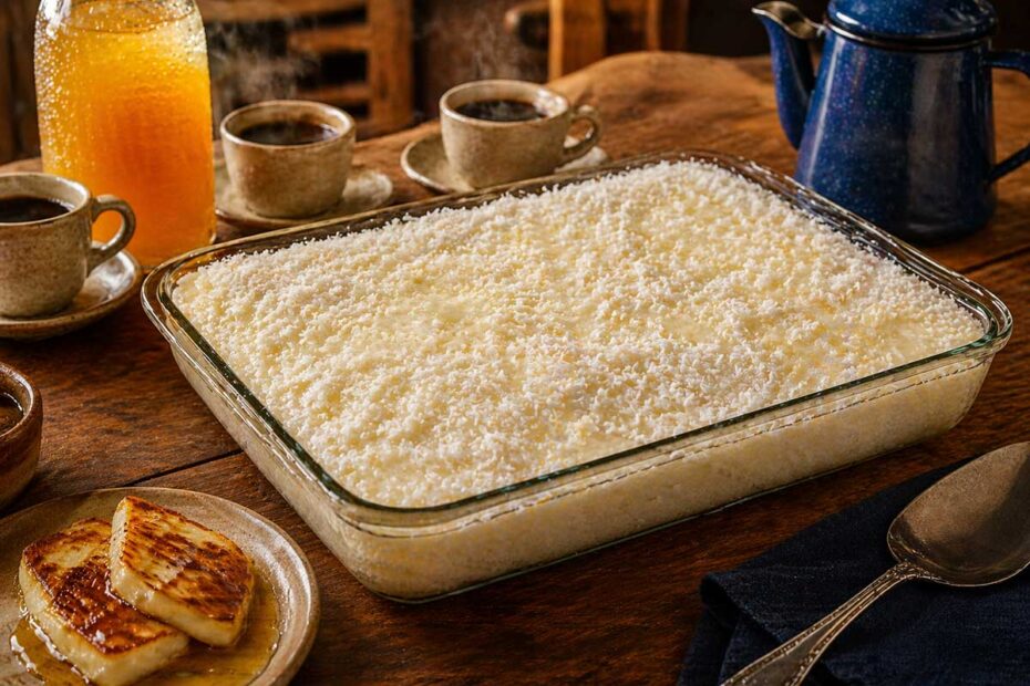 Bolo de Tapioca na Travessa retangular com 30 cm de comprimento por 20 cm de largura e 5 cm de altura apresentado em mesa rustica de fazenda. O bolo possui superficie acetinada branca coberta com coco ralado flocoso e calda brilhante de leite condensado. Ao redor estao dispostas xicaras de cafe mineiro bule de esmalte azul garrafa de suco de caju bem gelado e fatias de queijo coalho com mel. O contraste do branco do bolo com a madeira escura da mesa ativa o impacto visual para o Discover. Capacidade de 3 litros e rendimento de 24 fatias padrao.