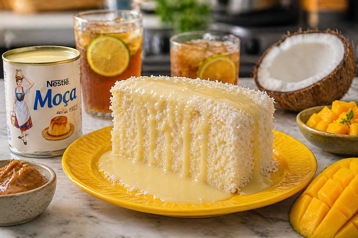 Fatia alta de Bolo de Tapioca servida em prato de ceramica amarela vibrante em cozinha profissional moderna com bancada de marmore. A fatia revela o miolo umido e grânulos perfeitamente hidratados. A decoracao da mesa inclui copos de cha gelado com rodelas de limao tacinhas com doce de leite cremoso e frutas tropicais como manga e coco cortado. A fatia esta centralizada e banhada por uma calda espessa de leite condensado que escorre suavemente ativando as glandulas salivares.