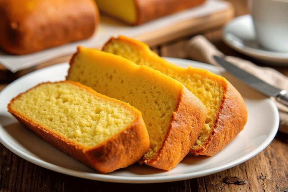 Bolo de fubá escaldado fofinho, tradicional da culinária brasileira, servido em fatias sobre prato branco com fundo rústico.