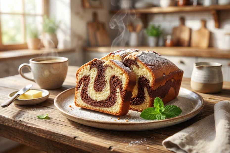 Close de uma fatia de bolo mármore fofinho mostrando o contraste perfeito entre a massa de baunilha clara e a de chocolate escura sobre uma mesa rústica.