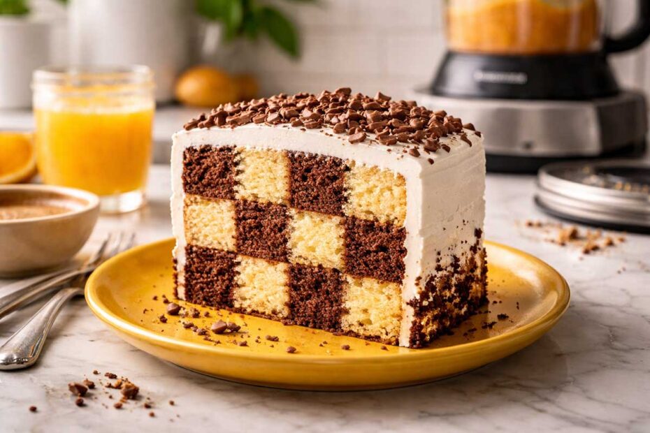 Fatia generosa de bolo xadrez fofinho exibindo o padrão interno perfeito de quadrados claros e escuros em prato de cerâmica amarelo vibrante. A fatia está posicionada em uma cozinha moderna com bancada de mármore branco. Ao fundo aparece um liquidificador de alta performance e uma xícara de café com um crema espesso. Pequenas gotas de condensação brilham em um copo de suco de laranja natural ao lado de uma balança digital de precisão.