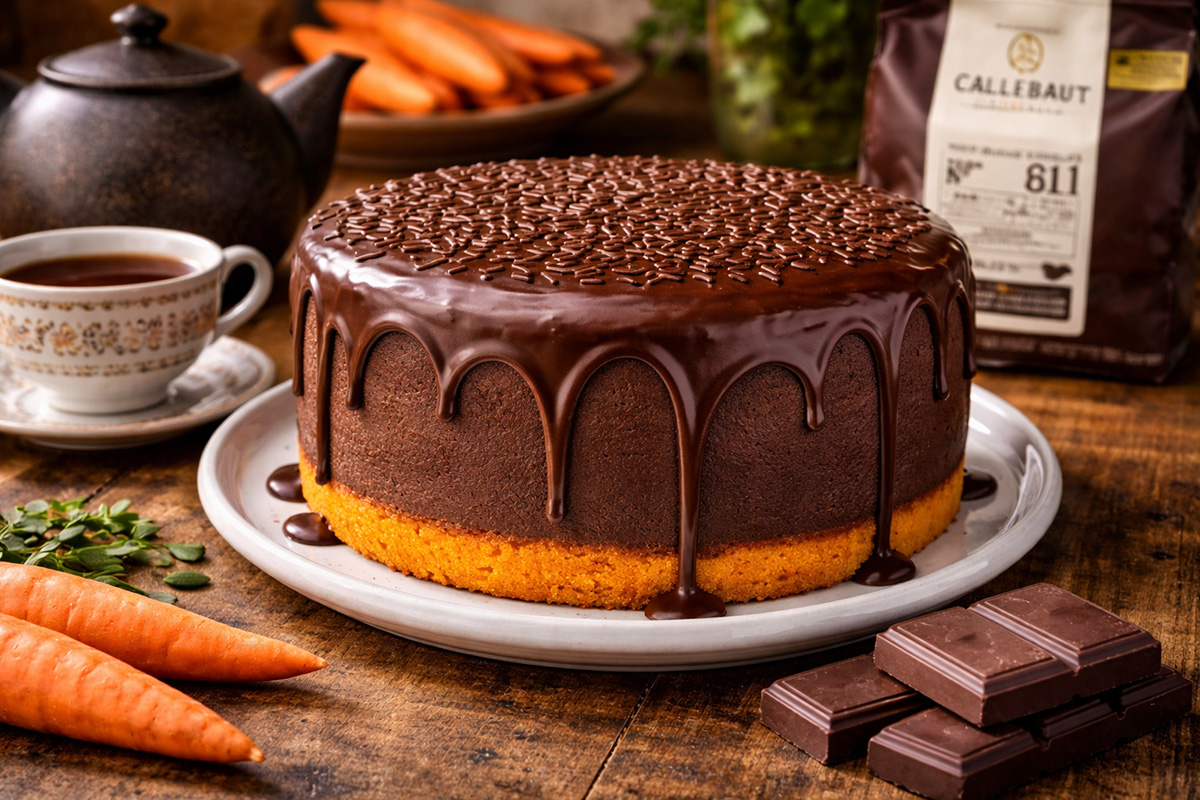 Bolo de cenoura fofinho inteiro com cobertura de chocolate brilhante em mesa de madeira rústica, ao lado de xícara de porcelana com café "Made in Brazil", bule de ferro e tabletes de chocolate Callebaut.