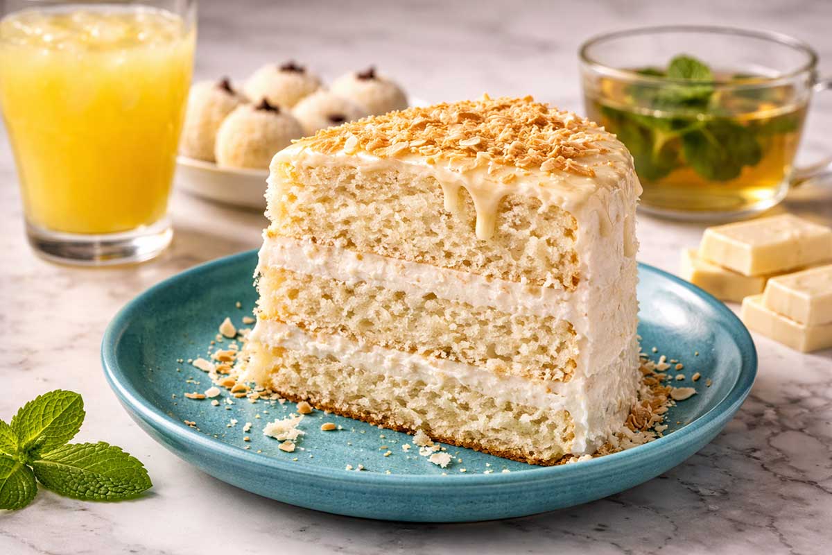 Uma fatia generosa de bolo de coco servida em um prato de cerâmica turquesa vibrante sobre uma mesa de cozinha profissional de mármore branco. A fatia revela um miolo extremamente úmido e acetinado com textura de cocada mole e pedaços visíveis de coco ralado. Ao redor estão dispostas taças com suco de abacaxi fresco, docinhos de beijinho enrolados em cravo, pedaços de chocolate branco premium e uma xícara de chá de hortelã. A iluminação lateral destaca a umidade residual da massa fofinha e o contraste cromático entre o branco do bolo e o turquesa do prato ativa as glândulas salivares.