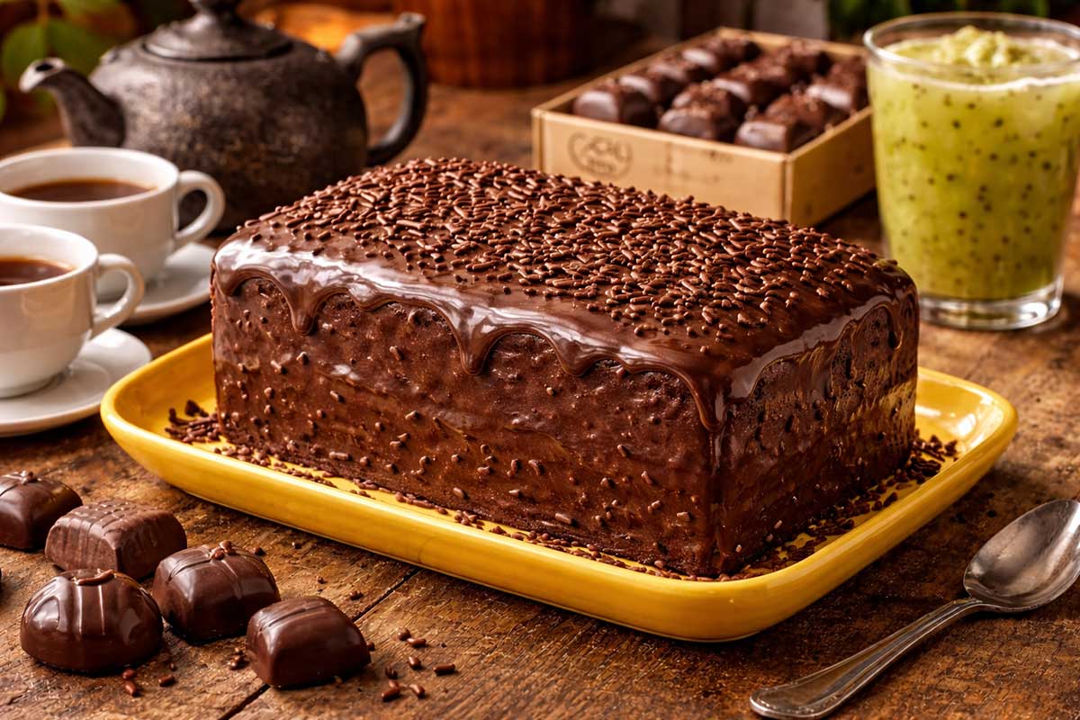 Bolo de chocolate retangular inteiro com cobertura de brigadeiro granulado em uma travessa amarela vibrante sobre uma mesa de madeira rustica. Ao redor estao xicaras de porcelana branca com cafe fumegante, uma chaleira de ferro antiga, uma caixa de bombons finos da marca Cacau Show e um copo alto com suco de kiwi verde brilhante e sementes visiveis. Uma colher de prata e bombons avulsos completam a cena colorida e acolhedora, com fundo de cozinha de fazenda e luz quente.