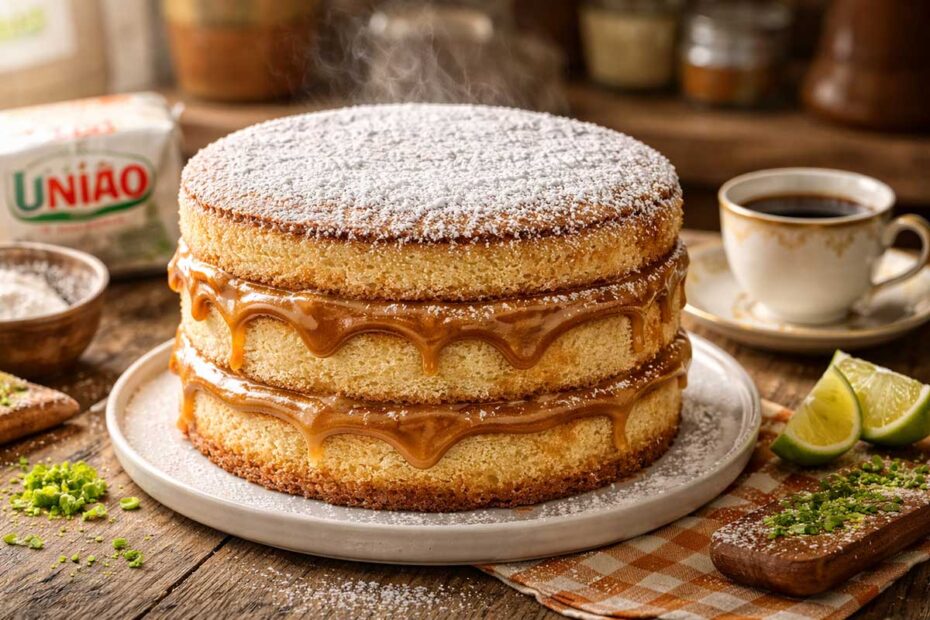 Bolo Bem Casado alto com três camadas de massa aerada e recheio abundante de doce de leite caseiro escorrendo levemente. O topo está polvilhado com açúcar de confeiteiro branquinho. A cena inclui uma xícara de porcelana vintage, raspas de limão e um pacote de açúcar União sobre uma mesa de madeira rústica com luz natural de janela.