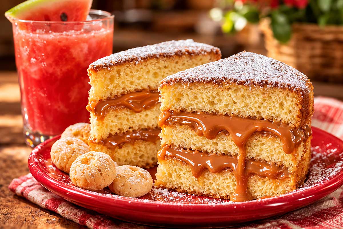 Duas fatias generosas de Bolo Bem Casado alto com três camadas de massa aerada e recheio abundante de doce de leite caseiro escorrendo levemente que estão num prato vermelho. O topo está polvilhado com açúcar de confeiteiro branquinho. A cena inclui um copo com suco de melancia, biscoitos de polvilho doce sobre uma mesa de madeira rústica com luz natural de janela.