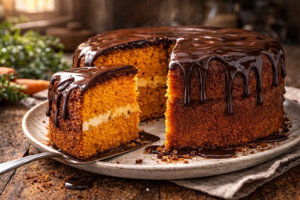Bolo de cenoura fofinho com cobertura de chocolate brilhante escorrendo, em um cenário de cozinha rústica com luz natural.