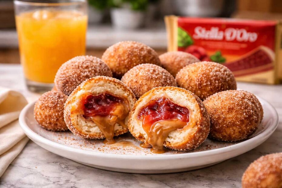 Close em um bolinho de chuva partido ao meio revelando o recheio de ponto de mosaico com goiabada Stella d'Oro derretida e doce de leite cremoso, sobre um prato de porcelana branca em cozinha moderna, com um copo de suco de laranja natural gelado (com gotas de condensação) e o pacote de Stella d'Oro ao fundo.