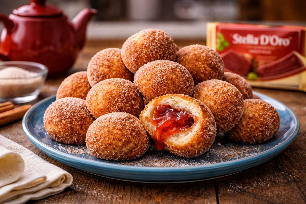 Bolinhos de chuva redondos e dourados recheados com goiabada Stella d'Oro, polvilhados com açúcar União e canela, empilhados em um prato de cerâmica azul vibrante sobre uma mesa de madeira rústica, com um bule de café fumegante e um pacote de goiabada Stella d'Oro aberto na lateral.