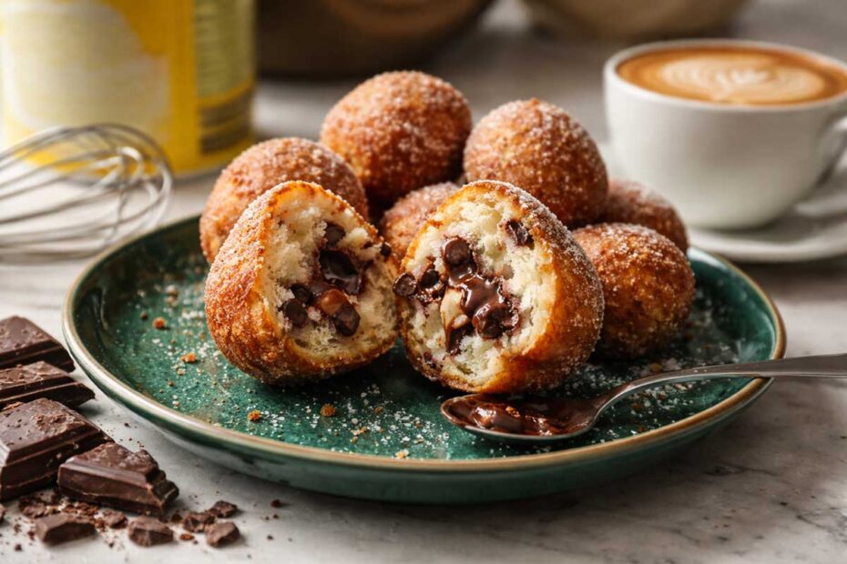 Foco em um bolinho de chuva partido ao meio em um prato de porcelana verde esmeralda, revelando um miolo branco e aerado com gotas de chocolate derretidas criando um ponto de mosaico brilhante. Na mesa branca moderna, há um batedor de arame (fouet) de inox ao lado de uma tigela com leite em pó, um tablete de chocolate meio amargo quebrado em lascas e uma xícara de café com um crema espesso e desenho de latte art.