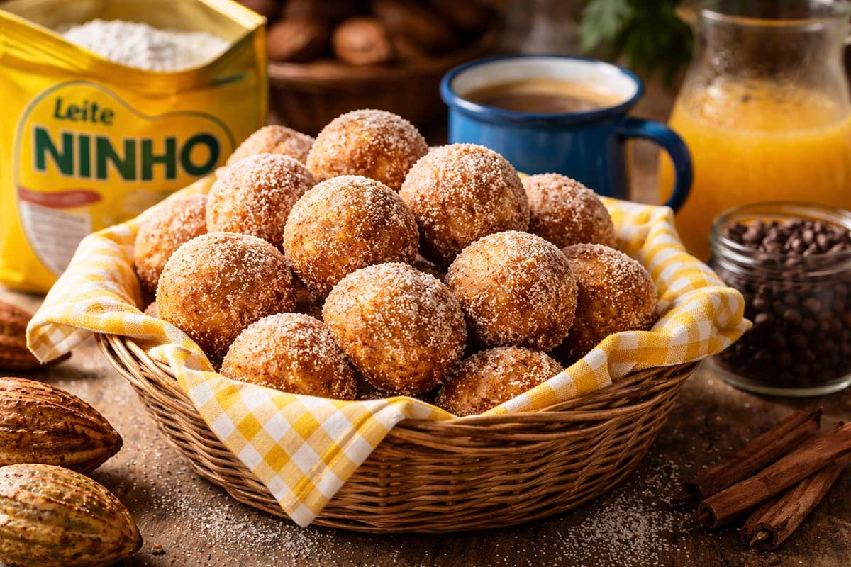 Cesta de vime forrada com tecido xadrez amarelo e branco, repleta de bolinhos de chuva redondos e dourados, polvilhados generosamente com Leite Ninho e canela. Ao lado, destaca-se um pacote icônico de Leite Ninho aberto, uma xícara de café de ágata azul com fumaça saindo e um pote de vidro com gotas de chocolate 50% cacau. A mesa de madeira rústica é decorada com cacau in natua e uma jarra de suco de laranja natural com gotas de condensação vibrantes no copo.