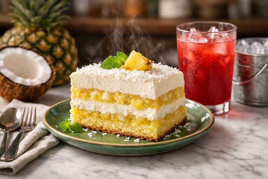 Fatia generosa de bolo de abacaxi gelado com camadas nítidas de creme de coco e abacaxi cozido, servida em prato de cerâmica verde sobre bancada de mármore. Ao fundo, um abacaxi fresco com coroa, meio coco aberto e um copo de suco de frutas vermelho com gelo e gotas de condensação.