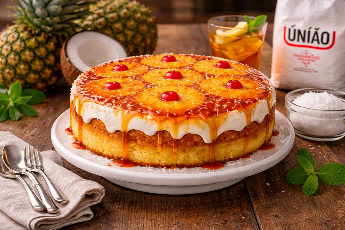 Bolo de abacaxi inteiro invertido com cobertura de ganache de coco branca e brilho espelhado de caramelo âmbar escorrendo, apresentado em suporte de cerâmica sobre mesa de madeira rústica. Ao redor, um copo de chá gelado com condensação, um pote aberto de Açúcar União, abacaxis frescos com coroas, coco in natura, talheres de sobremesa e guardanapos de linho.