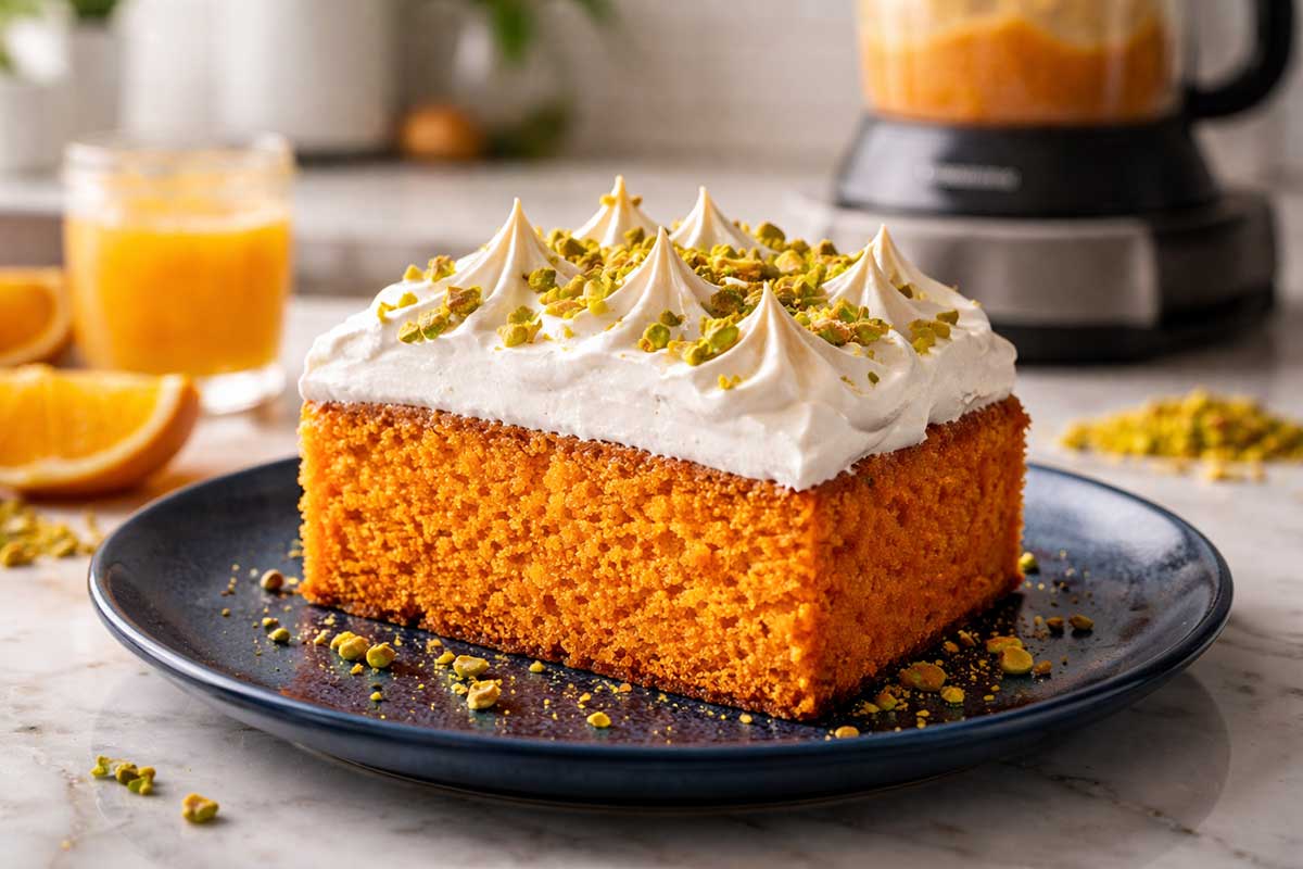 Fatia generosa de bolo de cenoura fofinho em prato de porcelana azul marinho para contraste em cozinha moderna. A fatia revela a estrutura interna aerada e a camada espessa de merengue suíço brilhante. Ao fundo desfocado há um liquidificador Vitamix com restos de creme de cenoura, um copo de suco de laranja natural com gotas de condensação e raspas de laranja fresca espalhadas pela bancada de mármore.