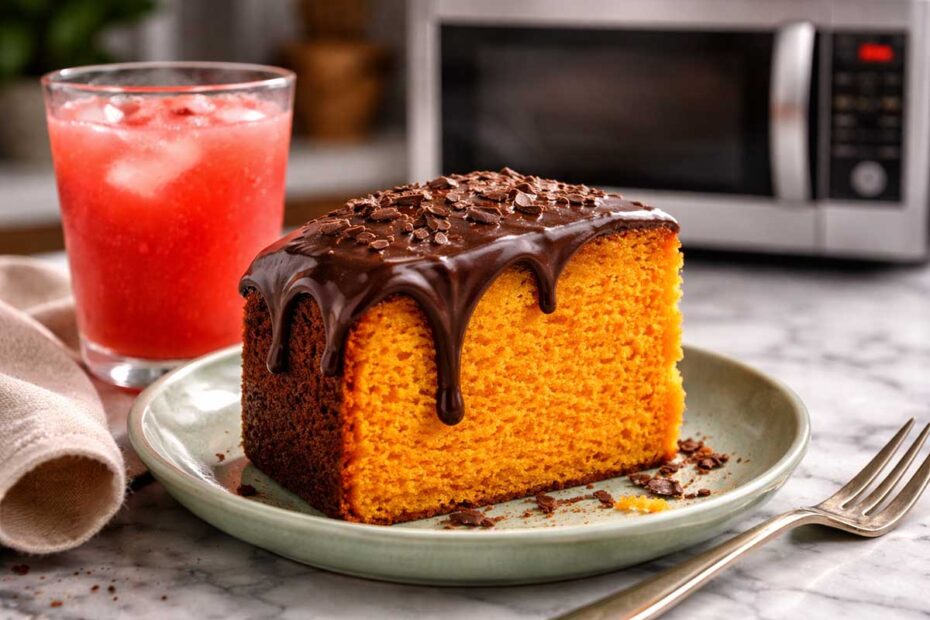 Fatia generosa de bolo de cenoura com cobertura de ganache 70% cacau escorrendo, servida em prato verde sobre bancada de mármore. Ao lado, copo de suco de melancia gelado com gotas de condensação e, ao fundo, micro-ondas de aço escovado com painel digital iluminado em vermelho.