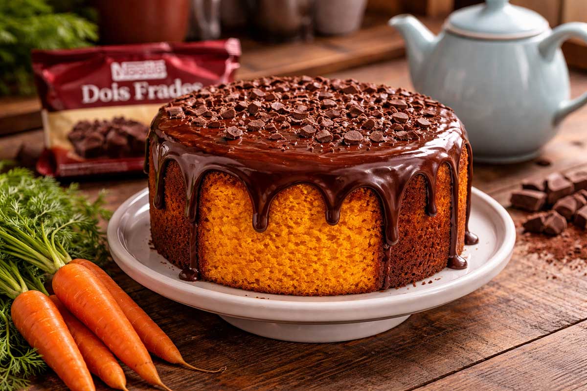 Bolo de cenoura inteiro e alto com cobertura de ganache brilhante escorrendo pelas laterais, apresentado em um suporte de cerâmica branca sobre mesa de madeira rústica. Ao redor, cenouras frescas com ramas, um bule de café em porcelana azul e um pacote aberto de Chocolate Nestlé Dois Frades.