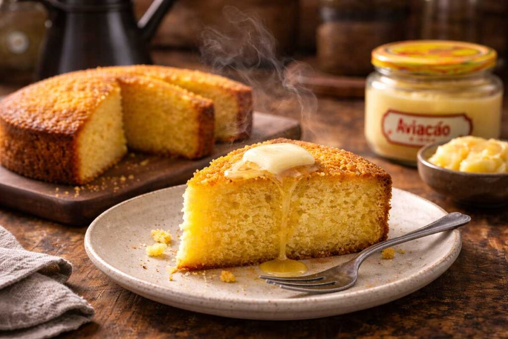 Close de uma fatia de bolo de fubá dourado e fumegante sobre uma mesa de madeira rústica com um bule de café ao fundo.
