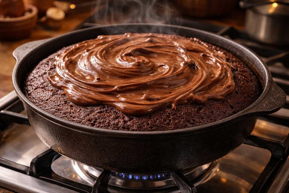 Close de um bolo de chocolate úmido feito na panela, com cobertura de creme de avelã brilhante e fumaça saindo, em cima de um fogão doméstico.