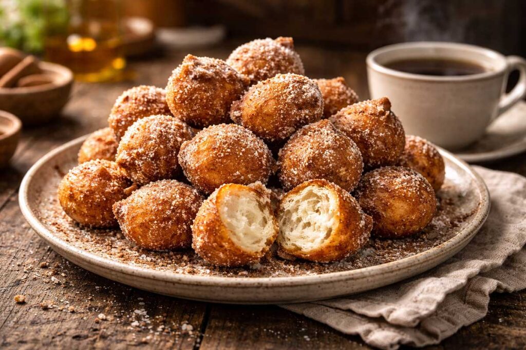 Pilha de bolinhos de chuva dourados cobertos com açúcar e canela em um prato rústico, mostrando um bolinho partido com massa macia e aerada.