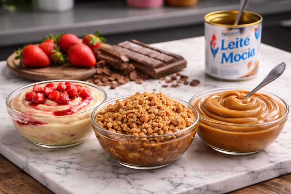Mesa de cozinha moderna com tres bowls de vidro contendo recheios brilhantes de chocolate branco com geleia de morango, pacoca rústica e doce de leite aveludado. Ao lado, uma lata de Leite Moca Nestle aberta, uma barra de chocolate Callebaut em lascas e morangos frescos sobre uma tabua de marmore branco.