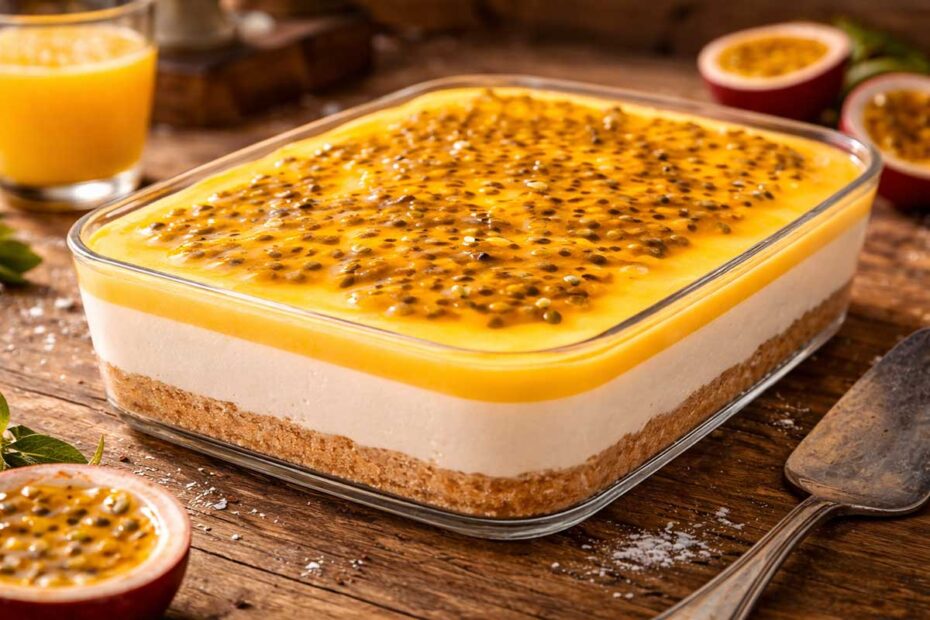 Visão superior de um bolo mousse de maracujá em uma travessa de vidro. O topo está coberto por uma mousse amarela brilhante e decorado com geleia de maracujá e sementes.