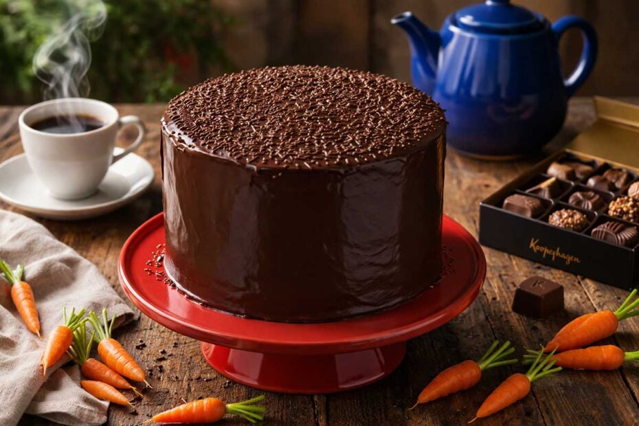 Bolo de cenoura inteiro e redondo estilo Tall Cake, com diâmetro de 20 cm e altura de 10 cm, centralizado em uma bailarina de confeitaria vermelha vibrante com o mesmo diâmetro do bolo, criando continuidade vertical. O bolo está totalmente coberto por uma ganache de chocolate escura e brilhante, decorado no topo com granulados. A mesa de madeira rústica de fazenda compõe o cenário com uma xícara de café branca fumegante sobre pires, um bule de cerâmica azul cobalto ao fundo, cenouras frescas com ramas verdes, um guardanapo de linho e uma caixa de bombons finos Koopenhagen aberta. O contraste entre o vermelho da bailarina, o azul do bule e o laranja das cenouras ativa as glândulas salivares. Rendimento de 15 a 20 fatias generosas.