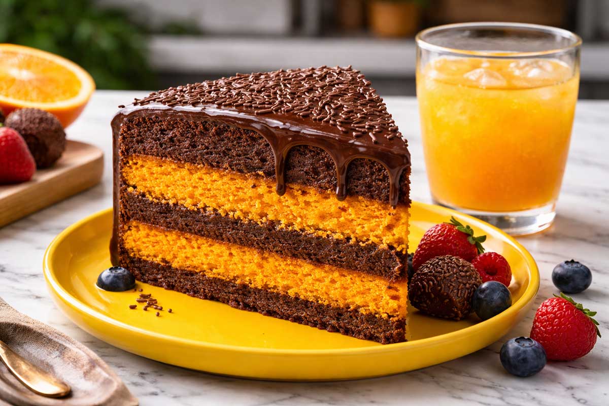 Fatia generosa de bolo de cenoura fofinho em um prato de porcelana amarela vibrante sobre uma bancada de marmore moderna em cozinha profissional. A fatia exibe a massa de cor laranja intensa e textura aerada com uma camada espessa de cobertura de chocolate fluida. Ao lado da fatia ha um copo de suco de laranja natural com gotas de condensação, pequenos docinhos de brigadeiro e frutas vermelhas decorativas. O cenário e iluminado por luz natural lateral destacando a maciez do miolo.