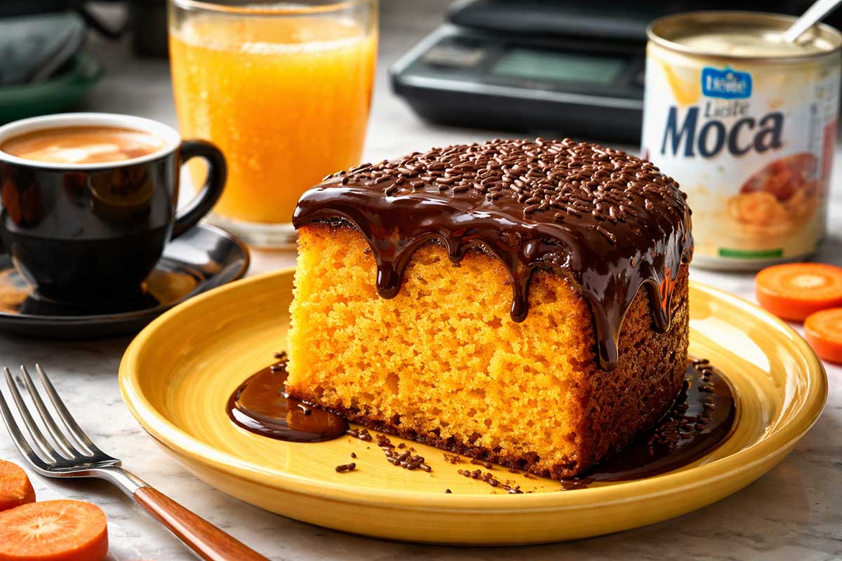 Uma fatia generosa de bolo de cenoura de frigideira coberta com calda de chocolate brilhante e granulado gourmet em um prato de cerâmica amarelo vibrante. A fatia revela um miolo laranja intenso e aerado posicionado sobre uma mesa moderna de mármore branco. Ao lado estão uma xícara de café expresso com crema espessa em porcelana preta, um copo de suco de laranja natural com gotas de condensação e fatias de cenoura fresca. Ao fundo aparecem uma balança digital Black e Decker e uma lata de Leite Moça Nestlé aberta com uma colher, criando um contraste de cores quentes e texturas suculentas que ativam as glândulas salivares.