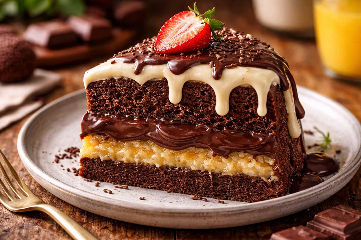 Visão em 45 graus de uma fatia generosa de Bolo de Chocolate Trufado, apoiada sobre um prato de cerâmica artesanal cinza e uma mesa de madeira rústica. A fatia revela a estrutura interna: uma massa escura, úmida e com textura acetinada (feita com cacau Nestlé e água morna). No centro, destacam-se duas camadas de recheio cremoso e espesso: uma de Trufado de Chocolate meio amargo (com brilho intenso do chocolate nobre Callebaut) e uma de Creme Baba de Moça dourado (com lascas Sococo visíveis). Uma cobertura de brigadeiro branco escorre suavemente pelo topo da fatia, criando o efeito de "gotas" no ponto de fita, finalizada com um pedaço de morango fresco e um fio de ganache. A luz natural suave da janela ao fundo realça as diferentes texturas e o contraste de cores, com um garfo de sobremesa dourado ao lado.