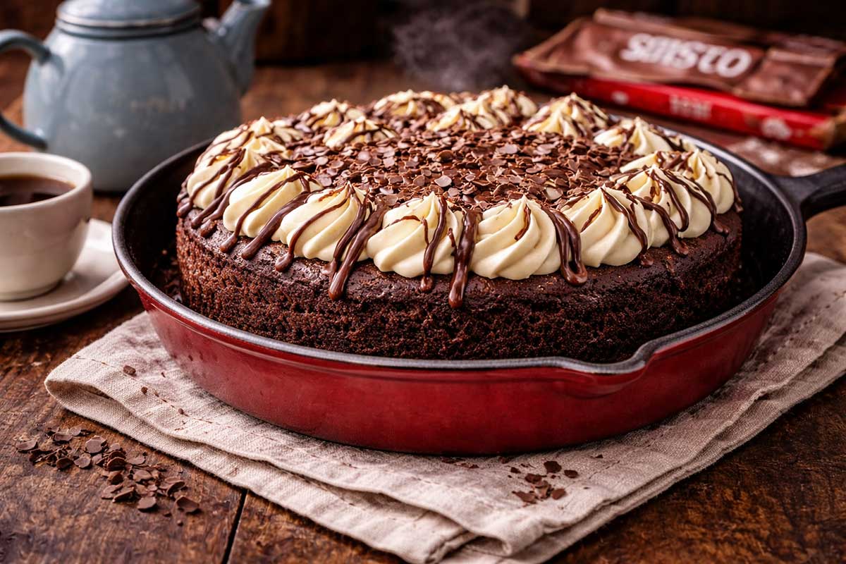 Bolo de chocolate na frigideira com o marrom profundo e intenso do cacau Nestlé, coberto por uma generosa ganache de bico de chocolate branco Callebaut com brilho acetinado. O bolo, sem recheio e extremamente aerado, repousa em uma frigideira Redsilver sobre um guardanapo de linho branco rústico. A mesa de madeira maciça completa o cenário de fazenda, acompanhada de um bule esmaltado e uma xícara de café fumegante, com o pacote de chocolate em pó ao fundo como garantia de qualidade.