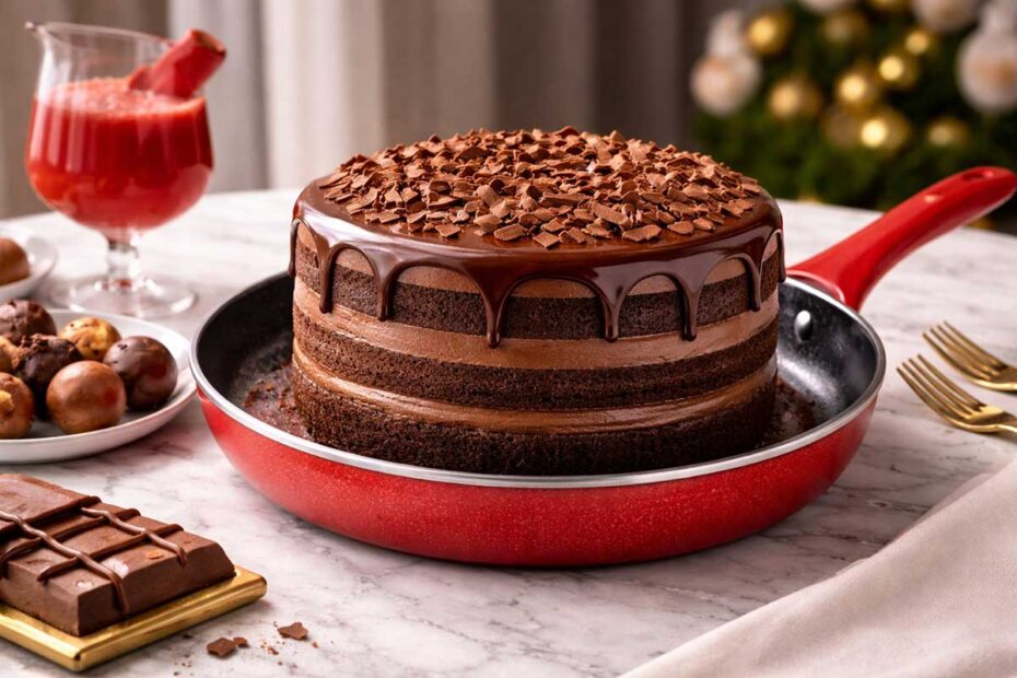 Bolo de festa na frigideira de chocolate estilo Tall Cake com 20 cm de diâmetro e 10 cm de altura, centralizado dentro de uma frigideira antiaderente vermelha vibrante que atua como base. O bolo possui três camadas de massa escura acetinada intercaladas com recheio de chocolate generoso, finalizado com cobertura de ganache brilhante e raspas de chocolate ao leite no topo. A cena ocorre sobre uma mesa de mármore branco refinado, acompanhada por uma taça de suco de morango vermelho, bombons trufados artesanais e uma barra de chocolate premium em primeiro plano. O fundo apresenta um desfoque suave com luzes quentes e decorativas. Rendimento de 15 a 20 fatias generosas.