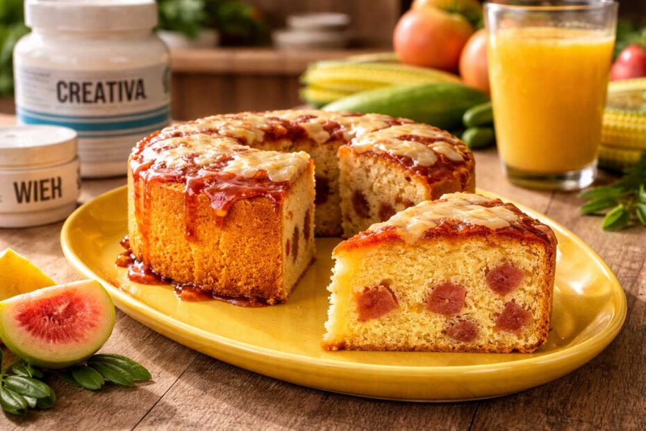 Bolo de Fubá Saudável inteiro e uma fatia triangular em destaque sobre prato de cerâmica amarelo vibrante. A fatia revela uma massa acetinada amarela intensa com cubos de goiabada light suspensos. A mesa de madeira clara está composta com um shaker de whey protein, pote de creatina, copo de suco de laranja natural, frutas frescas e espigas de milho ao fundo em uma cozinha iluminada.