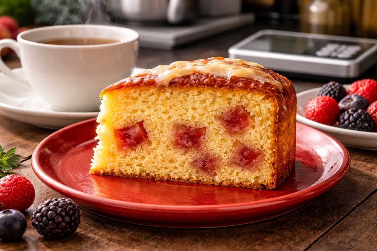 Close-up de uma fatia de Bolo de Fubá Saudável em prato de porcelana vermelho minimalista, revelando a massa acetinada amarela com cubos de goiabada perfeitamente suspensos no meio, acompanhada por uma xícara de chá fumegante, frutas vermelhas frescas e uma balança digital de precisão ao lado em uma cozinha profissional moderna.