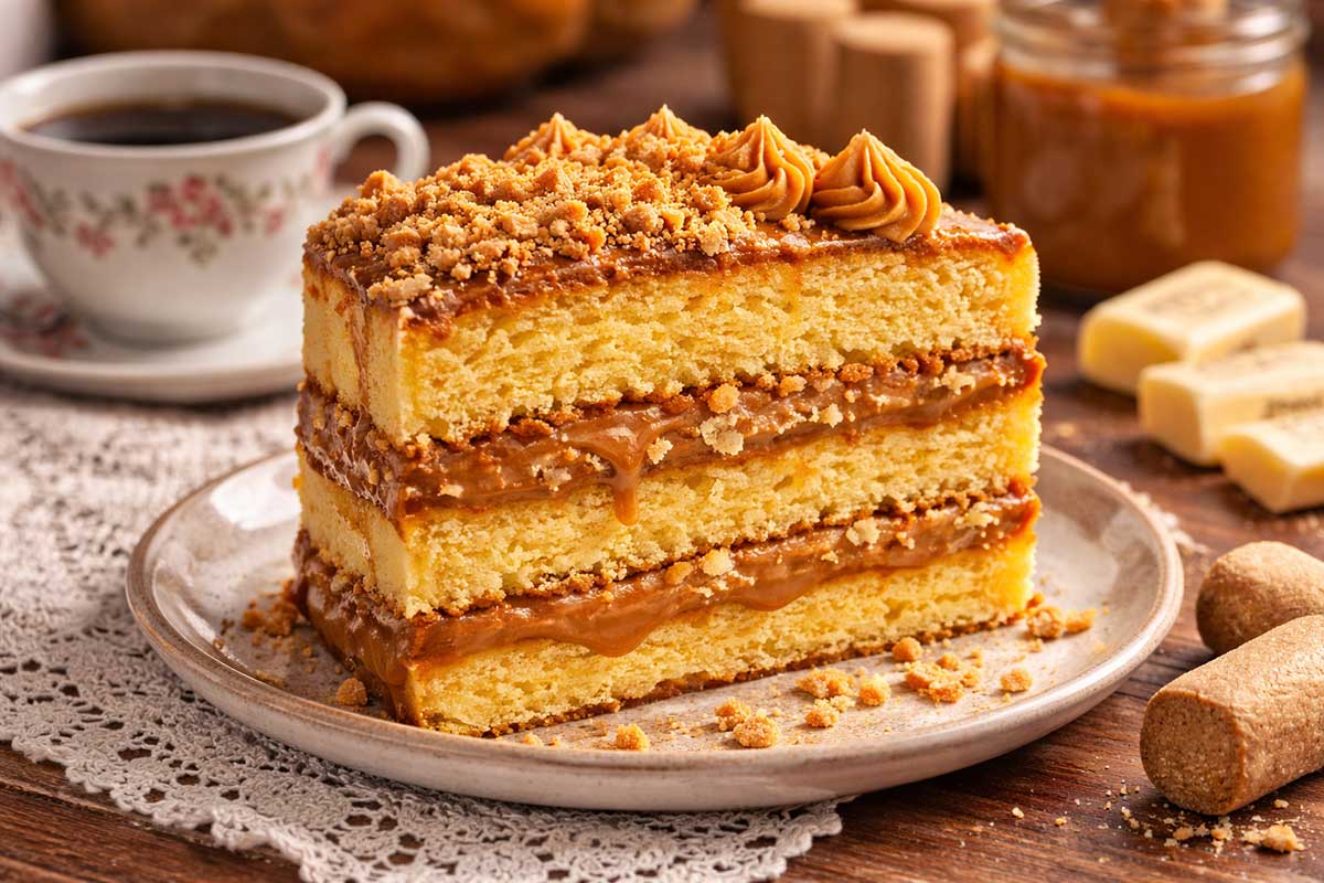 Close de uma fatia de bolo de festa em uma mesa de fazenda rustica, revelando camadas generosas de recheio de doce de leite premium e pacoca. Ao fundo, uma xicara de cafe fumegante em porcelana estampada, um pote de doce de leite mineiro e algumas pacocas tipo rolha espalhadas sobre um trilho de mesa de renda artesanal.