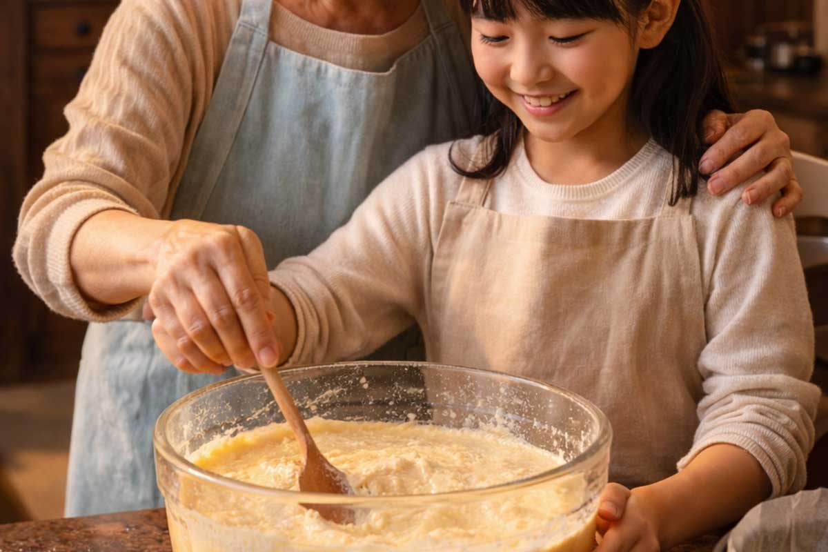 Uma mulher mais velha e uma criança pequena, ambas com traços asiáticos e usando aventais, sorriem enquanto preparam juntas a massa de um bolo em uma tigela de vidro transparente. A mulher segura uma colher de pau e envolve carinhosamente o ombro da menina em uma cozinha de iluminação quente e acolhedora.