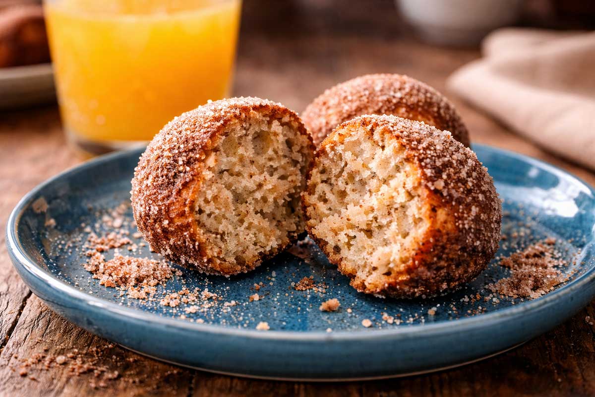 Close-up de um bolinho de chuva integral partido ao meio, revelando interior aerado e macio, servido em prato de cerâmica azul vibrante com um copo de suco de laranja ao fundo.