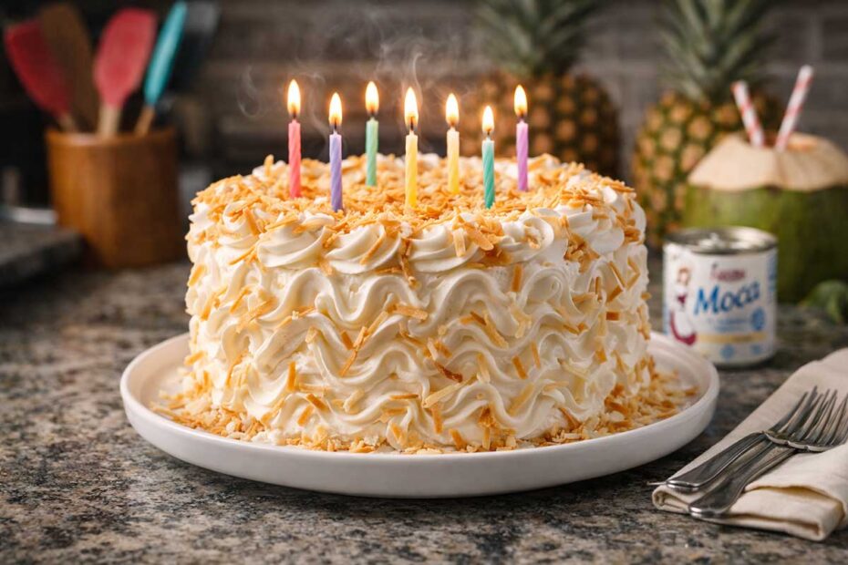 Bolo de Aniversário de Abacaxi com Coco inteiro, com velas de aniversário acessas, decorado com chantilly branco em ondas e fitas de coco douradas, exposto em um prato de porcelana branca sobre bancada de mármore cinza. Ao fundo, uma cozinha moderna com espátulas de silicone, uma lata de Leite Moça Nestlé aberta, abacaxis frescos inteiros com coroas vibrantes e um coco verde cortado em cima com 2 canudinhos. Guardanapos e talheres