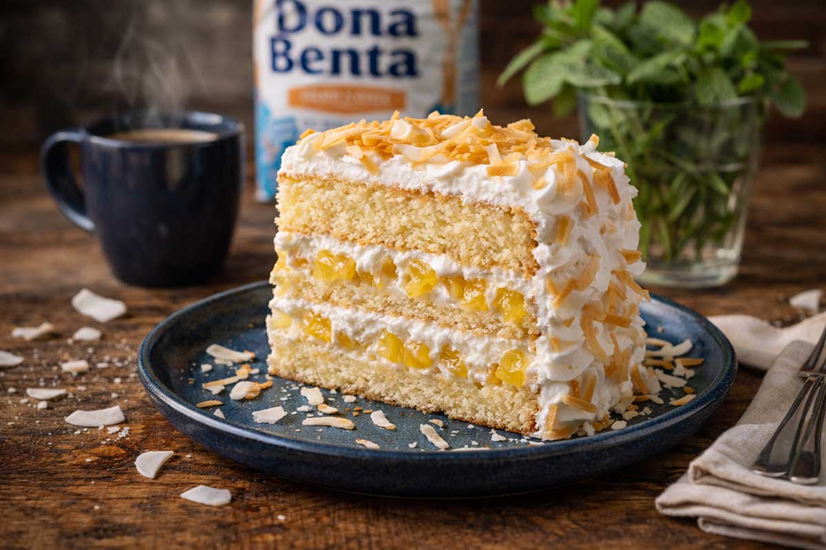 Uma fatia generosa de bolo de abacaxi com coco servida em um prato de cerâmica artesanal azul marinho. A fatia revela quatro camadas de massa clara acetinada intercaladas com creme de coco denso e pedaços brilhantes de abacaxi confitado. Mesa de madeira rústica decorada com uma xícara de café fumegante, um pacote de Farinha Dona Benta ao fundo, ramos de hortelã fresca em um copo de vidro e lascas de coco espalhadas.