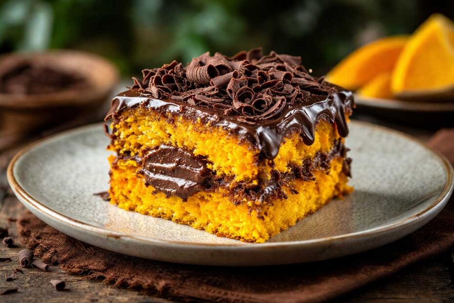Fatia generosa de bolo de cenoura trufado com recheio de chocolate e cobertura cremosa, salpicada com raspas de chocolate preto.