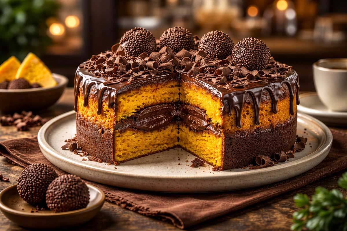 Bolo de cenoura trufado inteiro com uma fatia removida, exibindo camadas de massa laranja vibrante e recheio denso de chocolate. O topo é decorado com brigadeiros gourmet, raspas de chocolate e cobertura espelhada fluida, servido em prato cerâmico sobre mesa de madeira rústica com café ao fundo.