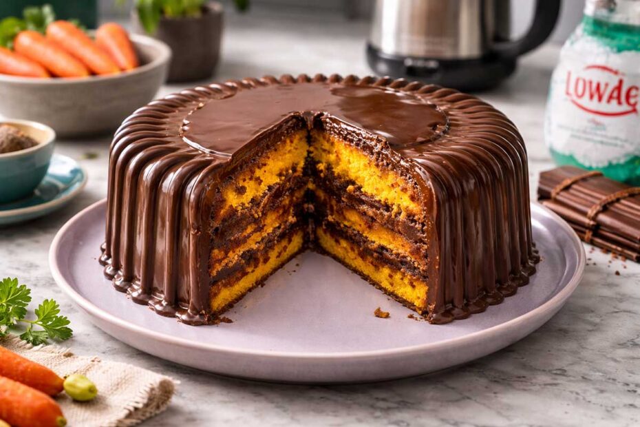Bolo de cenoura com chocolate bombom inteiro em destaque sobre um prato de porcelana branca minimalista, exibindo uma casquinha de chocolate meio amargo com brilho espelhado e ranhuras artísticas. A mesa posta moderna de mármore contém um liquidificador Philco Force em aço escovado ao fundo, uma xícara de café fumegante em louça azul-turquesa e um pequeno bowl com cenouras baby in natura com folhas verdes. Ao lado, uma barra de chocolate Callebaut entreaberta e um pacote de Acucar Uniao posicionado estrategicamente. A luz lateral fria destaca a textura cristalizada da cobertura e o contraste vibrante entre o laranja e o marrom profundo.