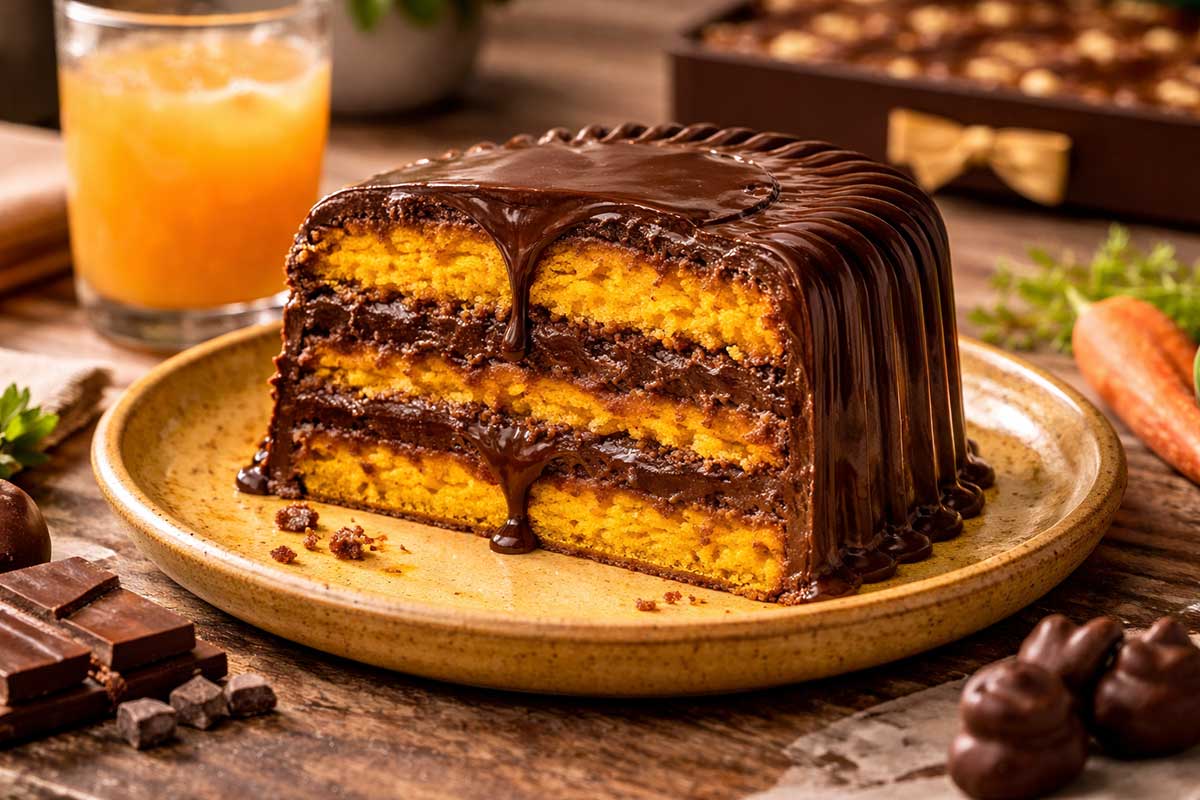 Fatia generosa de bolo de cenoura com chocolate servida em um prato de barro rustico esmaltado em tom amarelo girassol. A imagem revela as tres camadas de biscuit tecnico de cenoura intensamente laranja, intercaladas por uma ganache estruturada de chocolate 50 por cento cacau que escorre levemente em ponto de fita. A mesa de madeira de demolicao esta posta com um copo de suco de laranja natural com gotas de condensacao e uma caixa de bombons Kopenhagen e pedacos de chocolate em formato de pequenos coelhos decoram a lateral do prato sob uma luz solar quente de final de tarde.