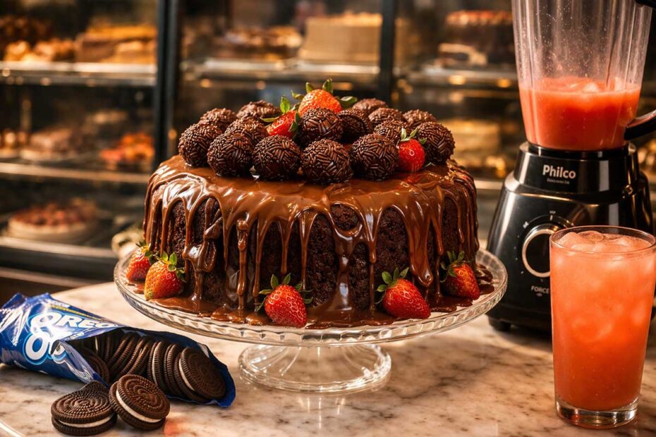 Bolo vulcão de chocolate inteiro em destaque dentro de uma vitrine de vidro de uma confeitaria clássica, evocando a cena icônica do filme Matilda. O bolo está em um suporte de cristal, coberto por dois brigadeiros que escorrem em brilho espelhado, decorado com morangos frescos Mantiqueira e brigadeiros boleados. Ao lado, na mesa de mármore, há um pacote de biscoito Oreo aberto com biscoitos empilhados, um liquidificador Philco Force moderno e um copo alto de suco de goiaba rosa vibrante com gelo e gotas de condensação. A iluminação é quente e cinematográfica, destacando a textura aveludada da cobertura.
