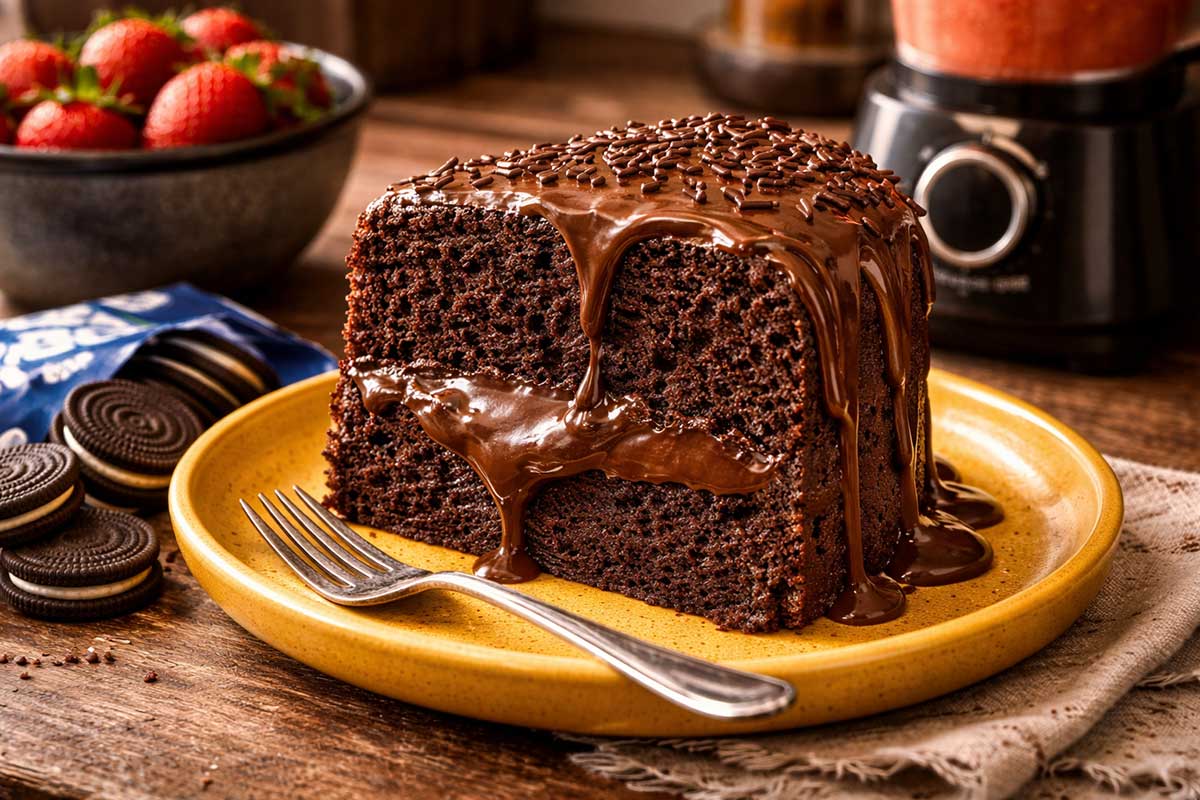 Fatia generosa de bolo de chocolate servida em um prato de cerâmica amarelo vibrante sobre uma mesa de madeira rústica da fazenda. A fatia revela o miolo aerado do biscuit técnico e o recheio de ponto de fita escorrendo. Ao redor, um pacote de Oreo aberto com o recheio branquinho visível, uma bacia de ferro com morangos in natura bem vermelhos e um liquidificador de alta performance ao fundo. Um copo de suco de goiaba rosa intenso traz o contraste de cores com o amarelo do prato e o marrom profundo do chocolate. A luz natural da janela cria micro-shadows realistas sobre a mesa posta.