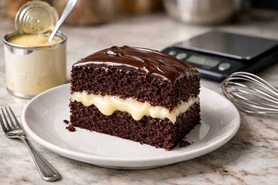 Close de uma fatia generosa de bolo de chocolate recheado em um prato de porcelana branca em uma cozinha moderna de marmore claro. A fatia revela o centro de creme de leite condensado branco contrastando com a massa de chocolate escura e fofinha. Ao lado estao uma lata de Leite Moça Nestle aberta com uma colher uma balança digital de precisao Black e Decker e um batedor de claras profissional. O foco nitido na textura acetinada da massa e na cremosidade do recheio ativa as glandulas salivares.
